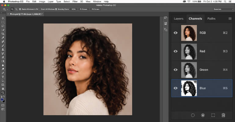 Photoshop Channels panel showing the Blue channel selected for high contrast masking