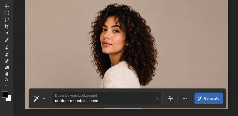 Photoshop Contextual Task Bar showing Generative Fill prompt field with “outdoor mountain scene” typed