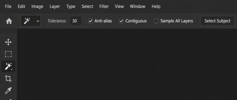 Photoshop Options bar showing Magic Wand Tolerance set to 30