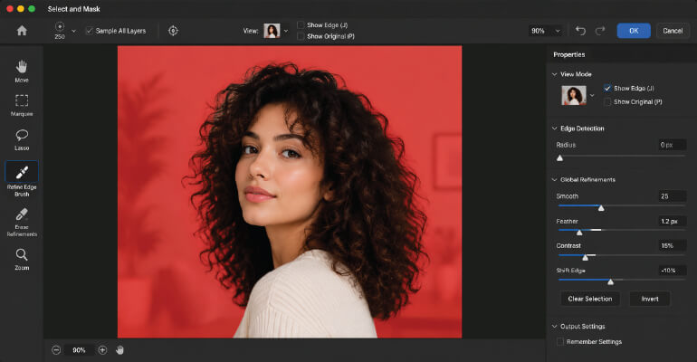 Photoshop Select and Mask Workspace Showing Refine Edge Brush on Hair