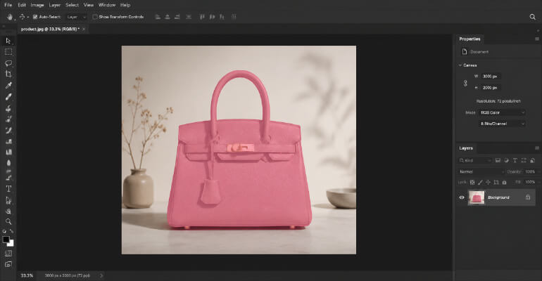 Photoshop canvas showing pink Object Finder highlight over a detected subject