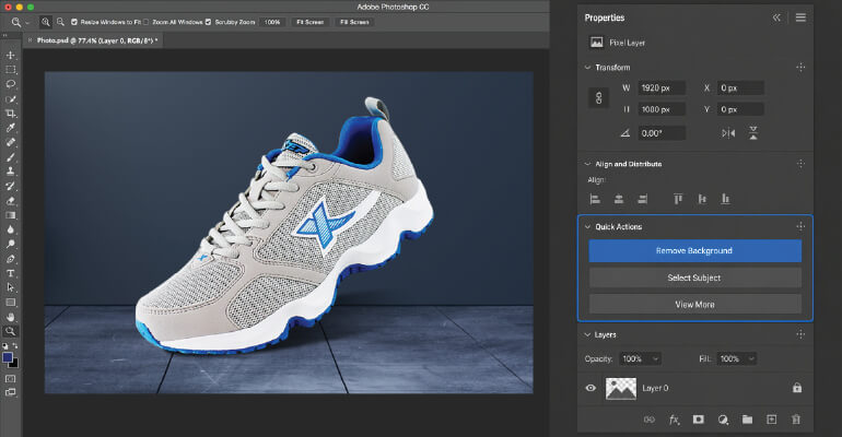 Photoshop Properties panel showing Remove Background button under Quick Actions