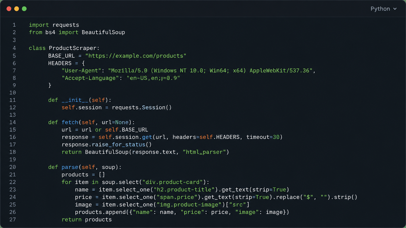 Python code for a Scrapy web scraper on dark background terminal interface