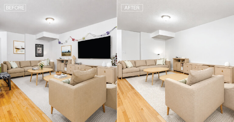virtual decluttering to remove existing furniture and personal items