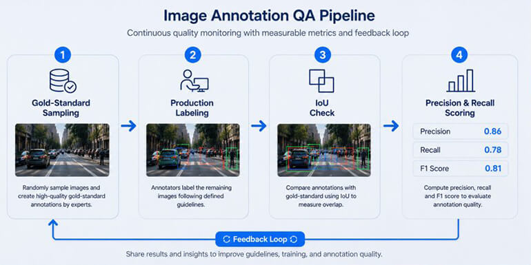 Multi-layer annotation QA workflow with annotator, reviewer, and gold-standard audit stages
