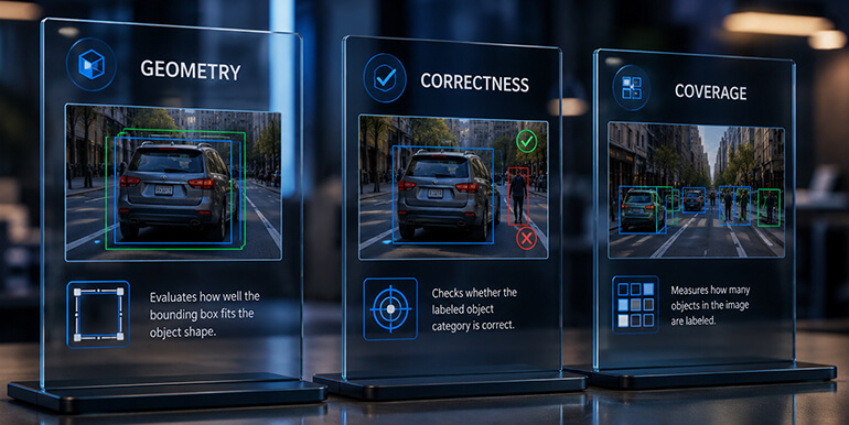 Three pillars of image annotation quality: box geometry, class correctness, and object coverage