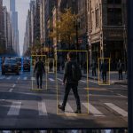 Image annotation quality dashboard comparing IoU, precision, recall, and F1 across a labeled street scene