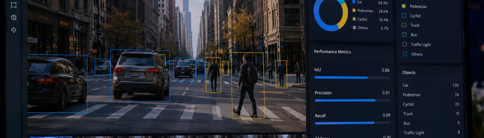 Image annotation quality dashboard comparing IoU, precision, recall, and F1 across a labeled street scene