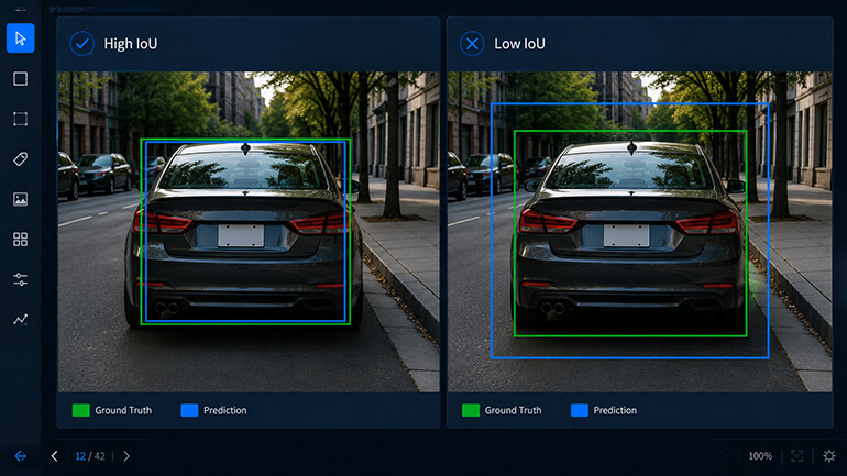 Side by side bounding boxes showing high IoU tight overlap versus low IoU loose overlap on the same car