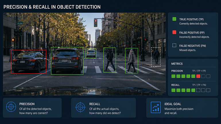 Precision versus recall shown as true positive, false positive, and false negative detections on a street scene