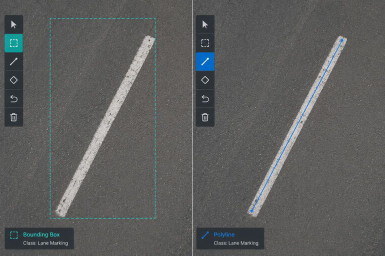 Bounding box versus polyline annotation on a diagonal lane marking, showing the box capturing mostly road surface