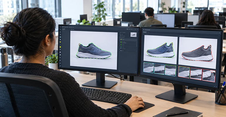 Annotation reviewer comparing two labeled passes of the same image on a dual monitor setup