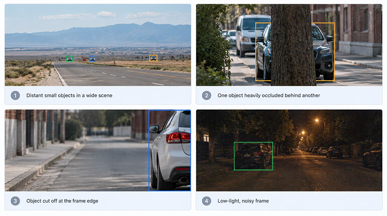 Four difficult detection scenarios including small objects, occlusion, truncation and low light