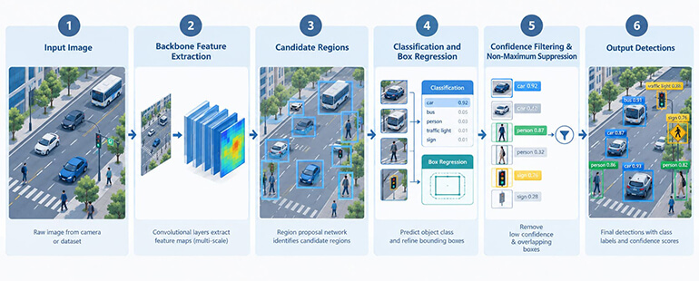 Flow diagram of the object detection pipeline from input image to final filtered detections