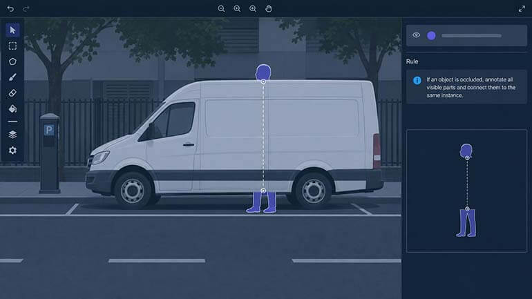 An annotator's view of a pedestrian split into two visible regions by a parked van, with the occlusion rule that resolves it to a single instance
