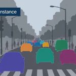 semantic masks merging all cars into one class region, instance masks separating each vehicle, and panoptic masks combining classified background with individually identified vehicles