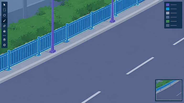 Semantic mask detail showing a fence line and roadside poles, with the one-pixel boundary zone highlighted against a high-scoring road region
