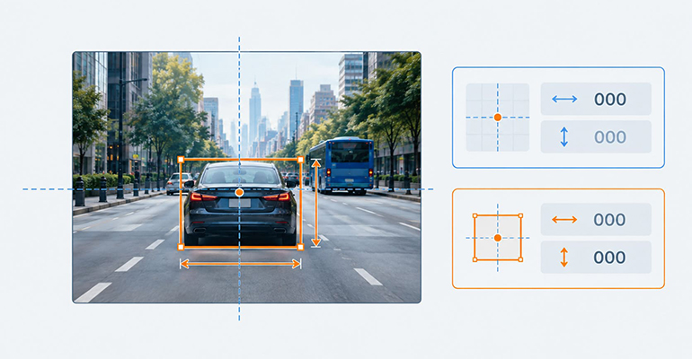 Diagram showing a bounding box on an image with pixel coordinates converted to normalized YOLO centre, width and height values