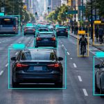 YOLO object detection drawing labelled bounding boxes around vehicles and pedestrians in a street scene