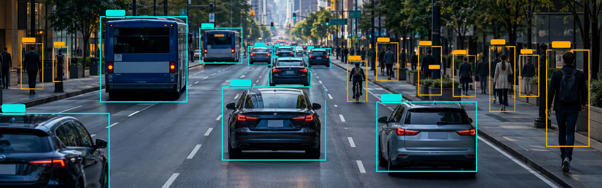 YOLO object detection drawing labelled bounding boxes around vehicles and pedestrians in a street scene