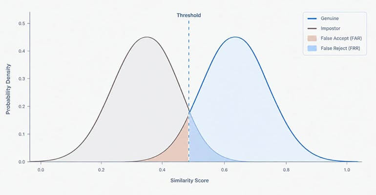 Chart showing overlapping genuine and impostor similarity score distributions with a threshold line marking false match and false non-match regions